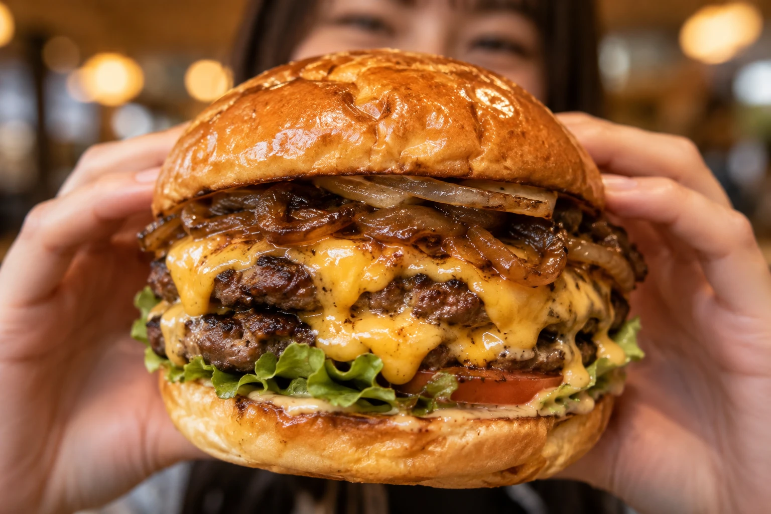 両手で頬張るできたてのバーガー